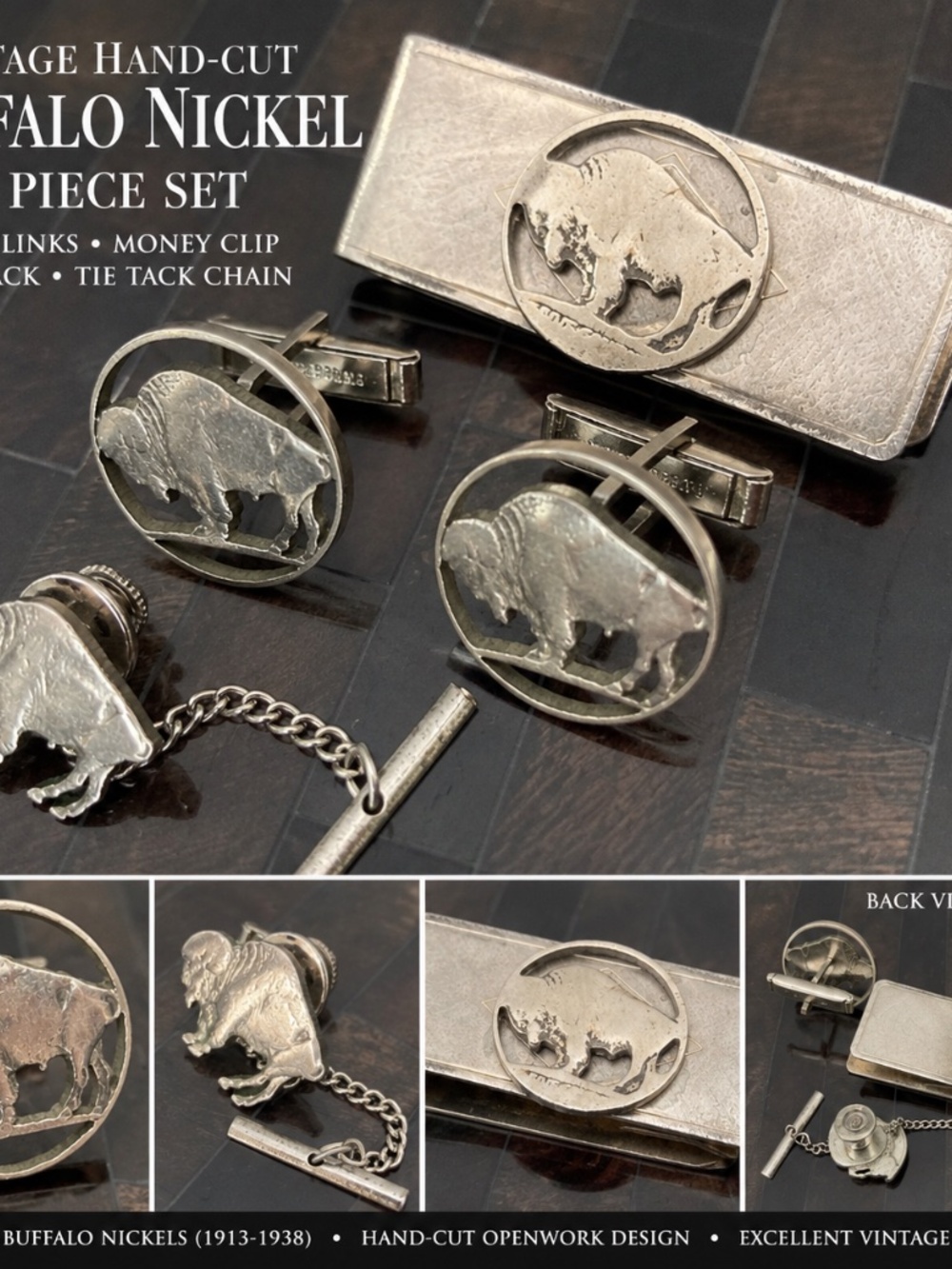 Vintage Hand-Cut Buffalo Nickel 4-Piece Jewelry Set